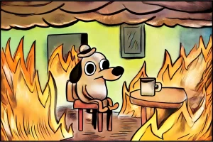 This Is Fine meme adapted for the 2025 tech job market, illustrating industry chaos, layoffs, and hiring uncertainty in the tech sector.