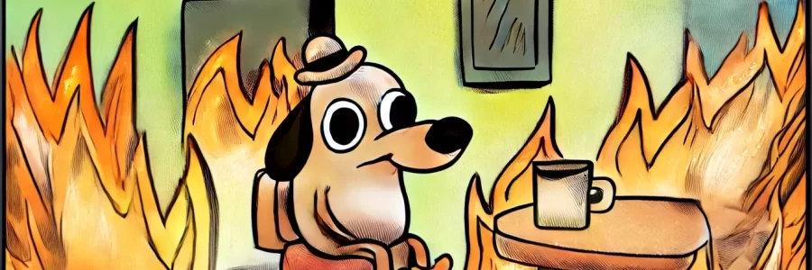 This Is Fine meme adapted for the 2025 tech job market, illustrating industry chaos, layoffs, and hiring uncertainty in the tech sector.