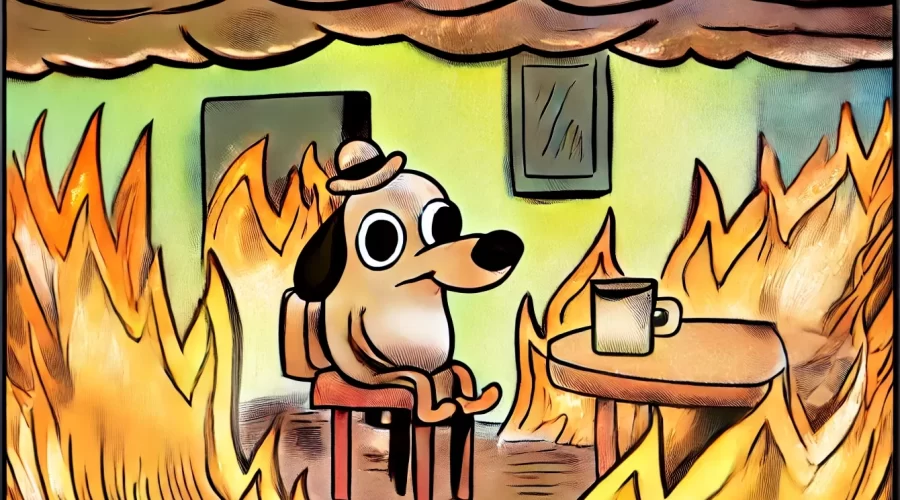 This Is Fine meme adapted for the 2025 tech job market, illustrating industry chaos, layoffs, and hiring uncertainty in the tech sector.